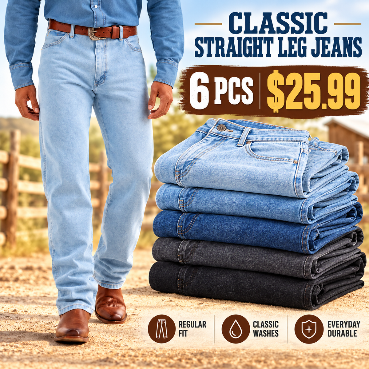 🔥 BESTSELLER | 6PCS $25.99 | Men's Original Fit Western Jeans