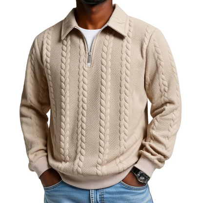 Men's Casual Solid Color Twist Texture Loose Long-sleeved Lapel Zipper Polo Shirt