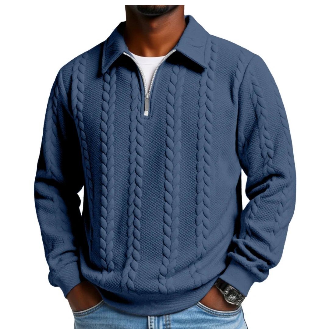 Men's Casual Solid Color Twist Texture Loose Long-sleeved Lapel Zipper Polo Shirt
