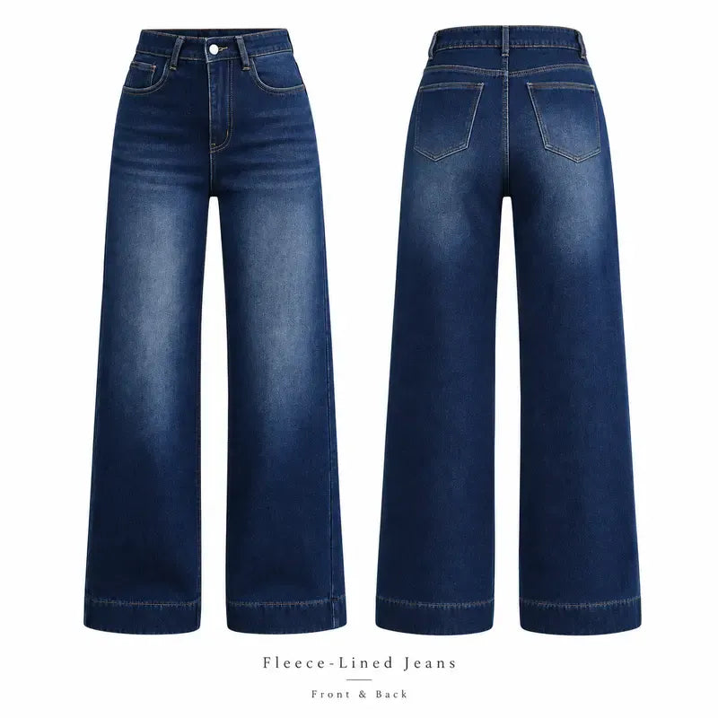 Women's Basic Fleece-Lined High-Waisted Wide-Leg Jeans (with Pockets)