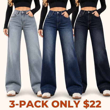 Women's Basic Fleece-Lined High-Waisted Wide-Leg Jeans (with Pockets)