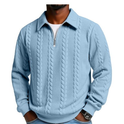 Men's Casual Solid Color Twist Texture Loose Long-sleeved Lapel Zipper Polo Shirt