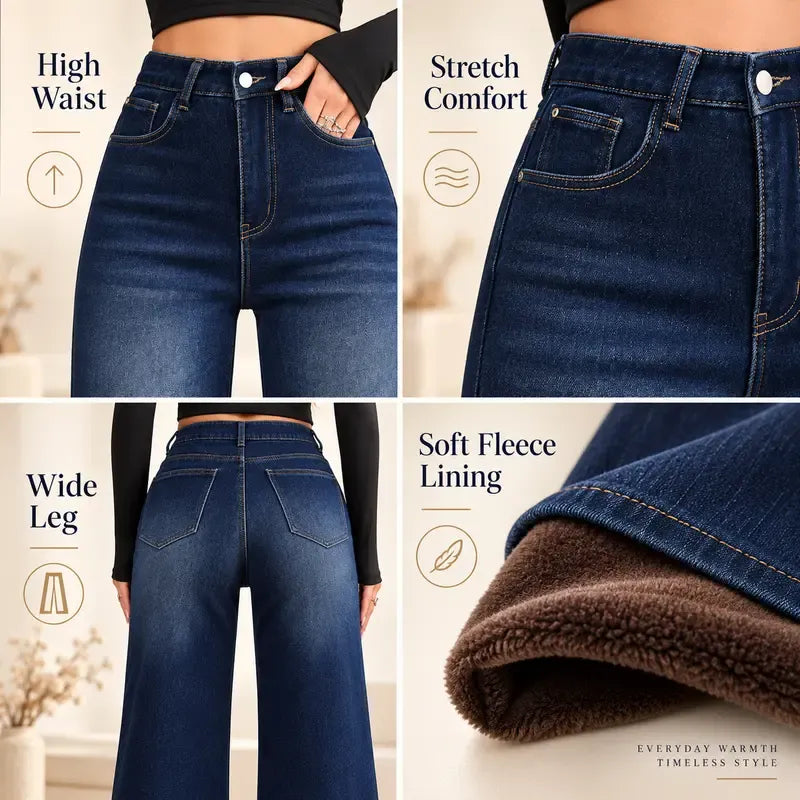 Women's Basic Fleece-Lined High-Waisted Wide-Leg Jeans (with Pockets)
