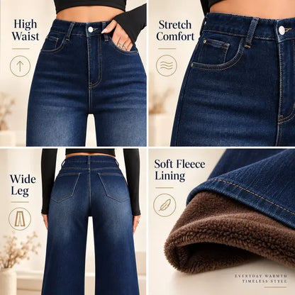Women's Basic Fleece-Lined High-Waisted Wide-Leg Jeans (with Pockets)