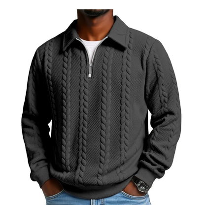 Men's Casual Solid Color Twist Texture Loose Long-sleeved Lapel Zipper Polo Shirt