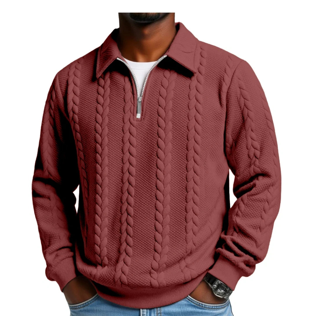 Men's Casual Solid Color Twist Texture Loose Long-sleeved Lapel Zipper Polo Shirt