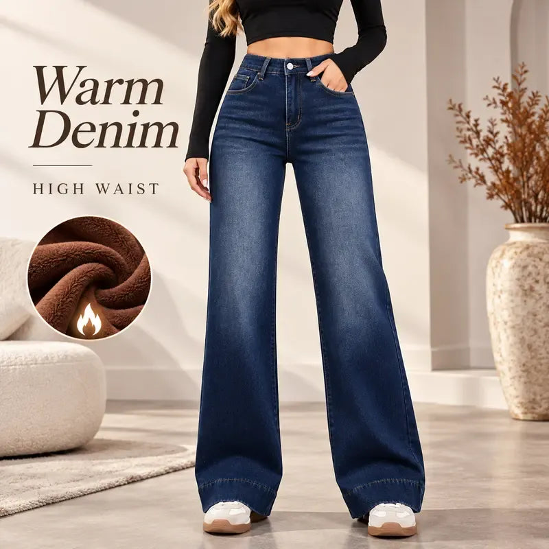 Women's Basic Fleece-Lined High-Waisted Wide-Leg Jeans (with Pockets)