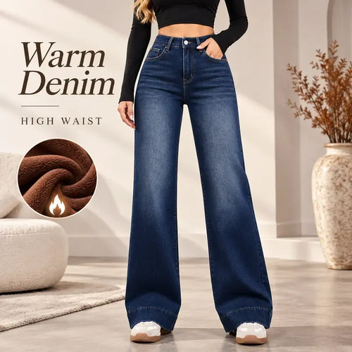 Women's Basic Fleece-Lined High-Waisted Wide-Leg Jeans (with Pockets)