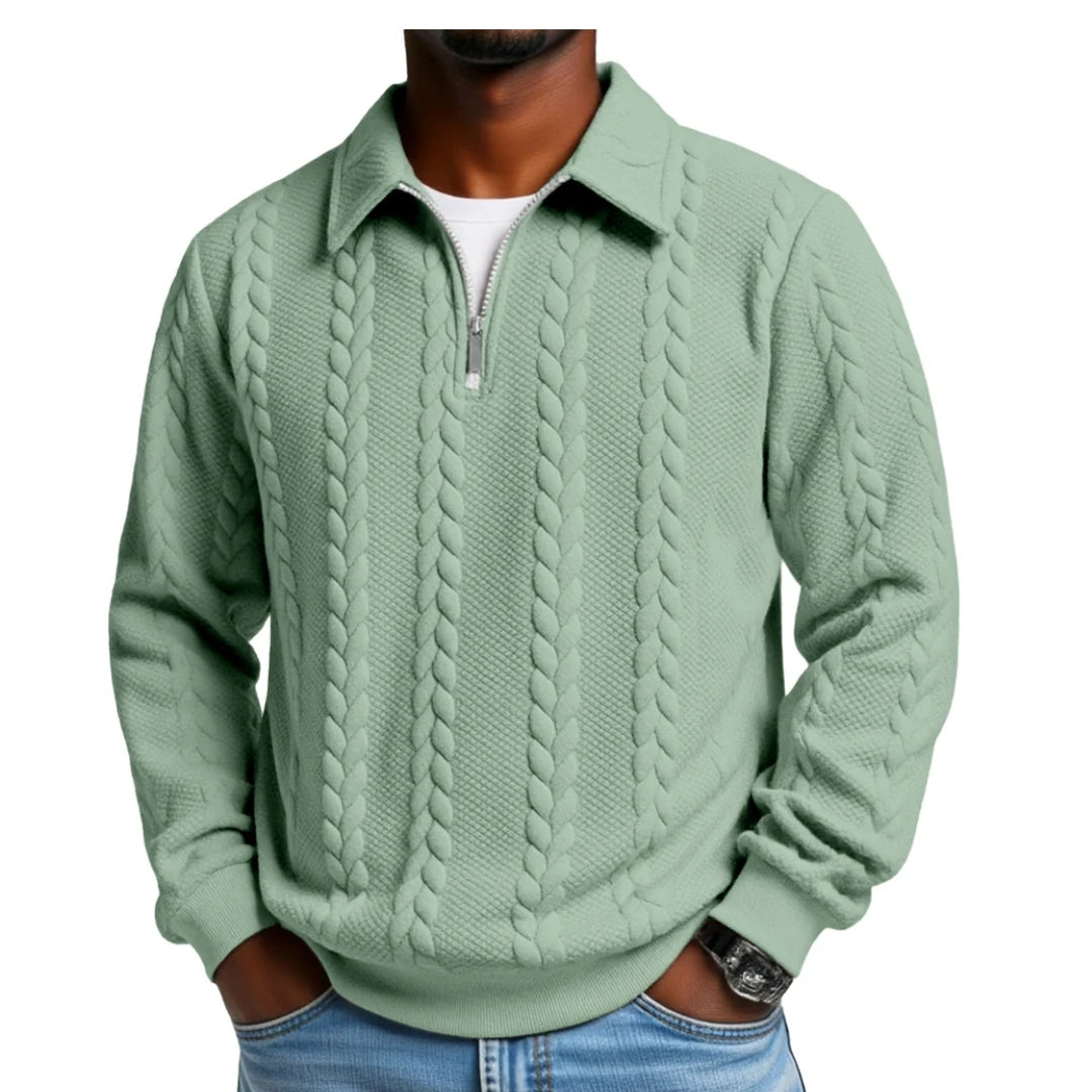 Men's Casual Solid Color Twist Texture Loose Long-sleeved Lapel Zipper Polo Shirt