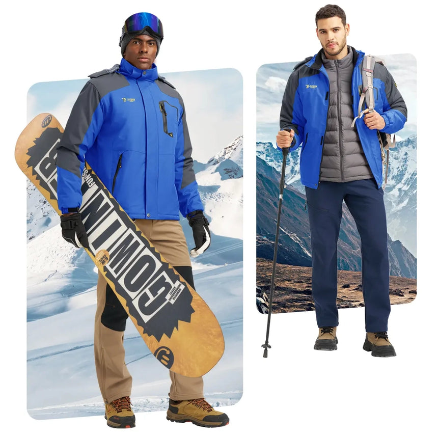Men wearing blue ski snow jacket for winter activities