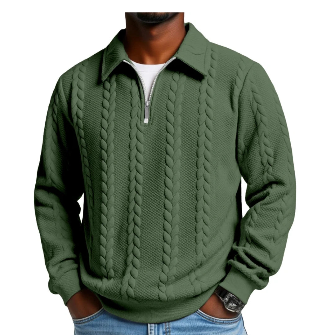 Men's Casual Solid Color Twist Texture Loose Long-sleeved Lapel Zipper Polo Shirt