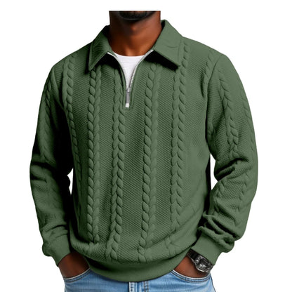 Men's Casual Solid Color Twist Texture Loose Long-sleeved Lapel Zipper Polo Shirt