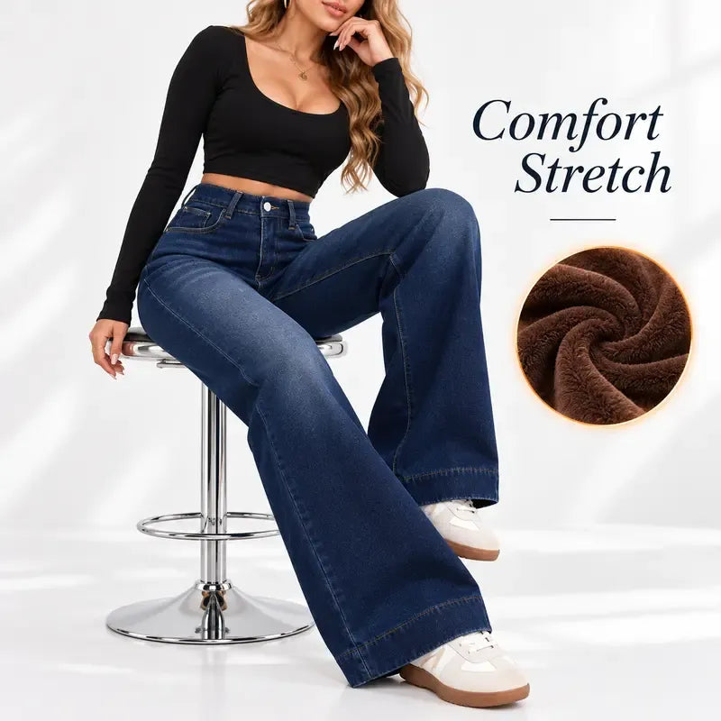 Women's Basic Fleece-Lined High-Waisted Wide-Leg Jeans (with Pockets)
