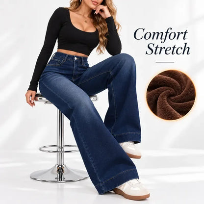 Women's Basic Fleece-Lined High-Waisted Wide-Leg Jeans (with Pockets)