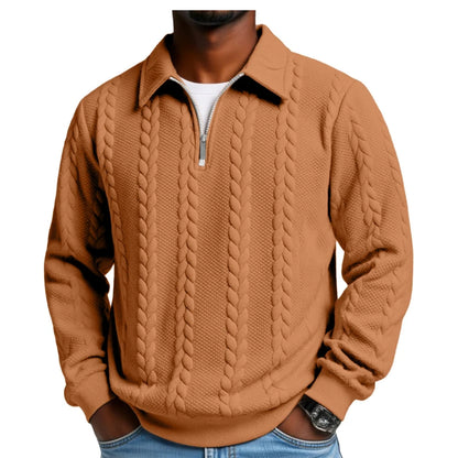 Men's Casual Solid Color Twist Texture Loose Long-sleeved Lapel Zipper Polo Shirt