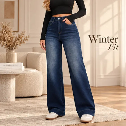 Women's Basic Fleece-Lined High-Waisted Wide-Leg Jeans (with Pockets)