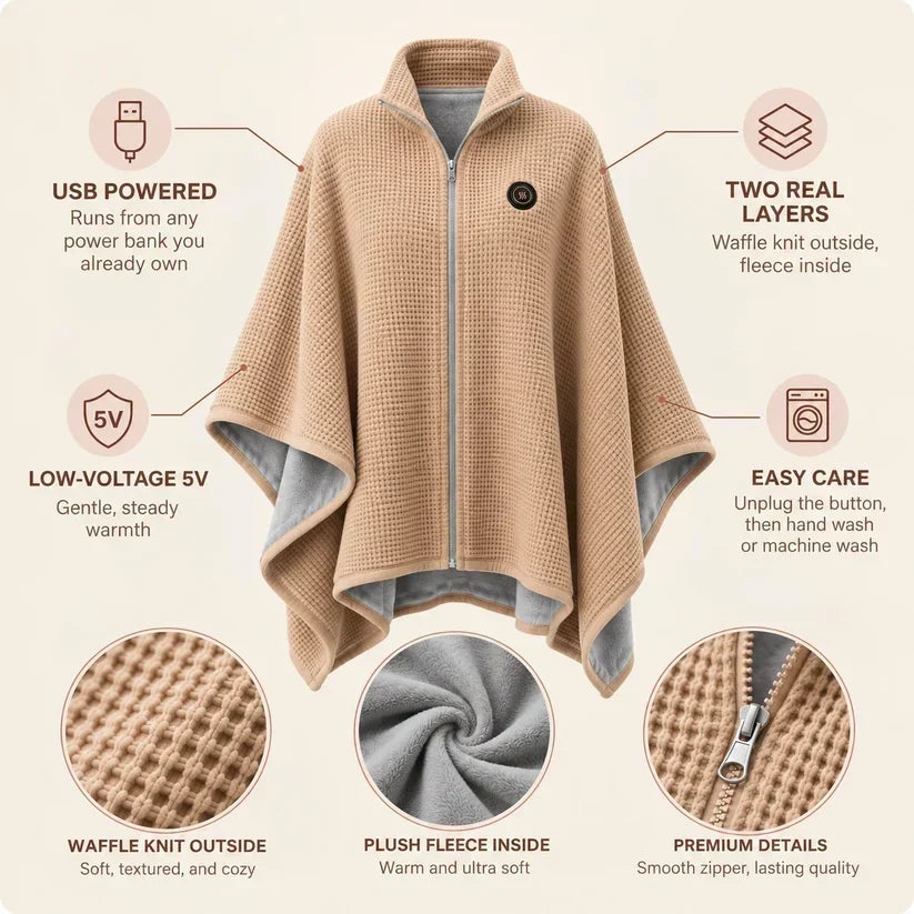 🔥Black Friday Deal｜Washable Fleece USB Heated Wrap Poncho