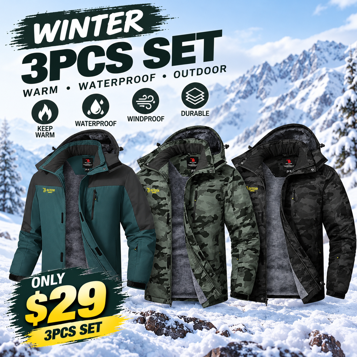 Men’s Winter Ski Snow Jacket Waterproof Windproof Fleece Lined