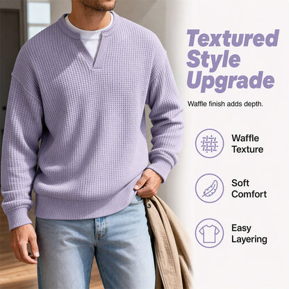 ⌛Limited-Time Offer⌛Men's Waffle-Knit Long-Sleeve V-Neck Pullover Shirt, Faux 2-Piece Street Look