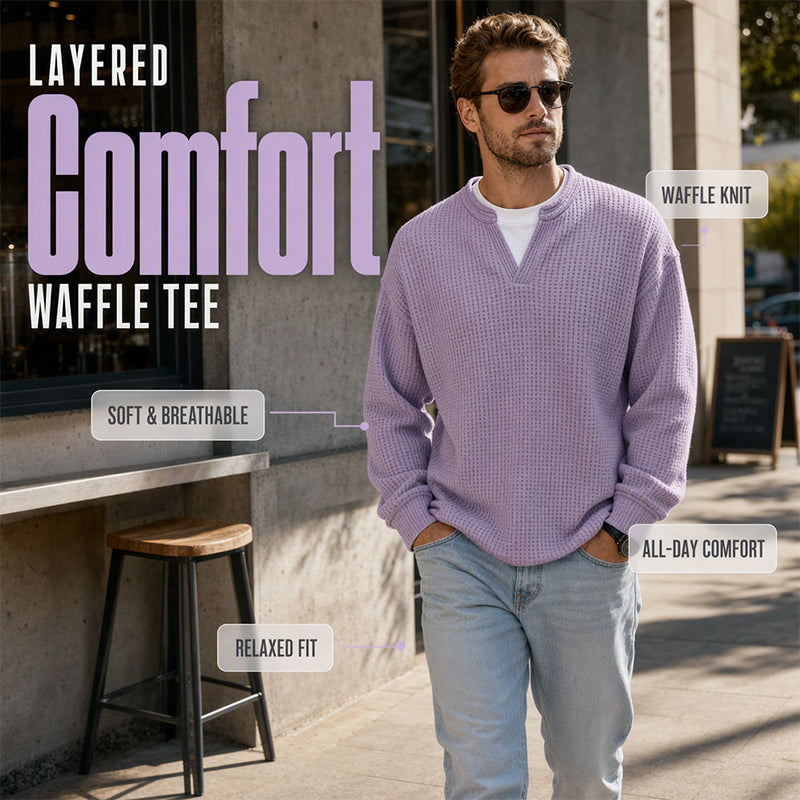 ⌛Limited-Time Offer⌛Men's Waffle-Knit Long-Sleeve V-Neck Pullover Shirt, Faux 2-Piece Street Look