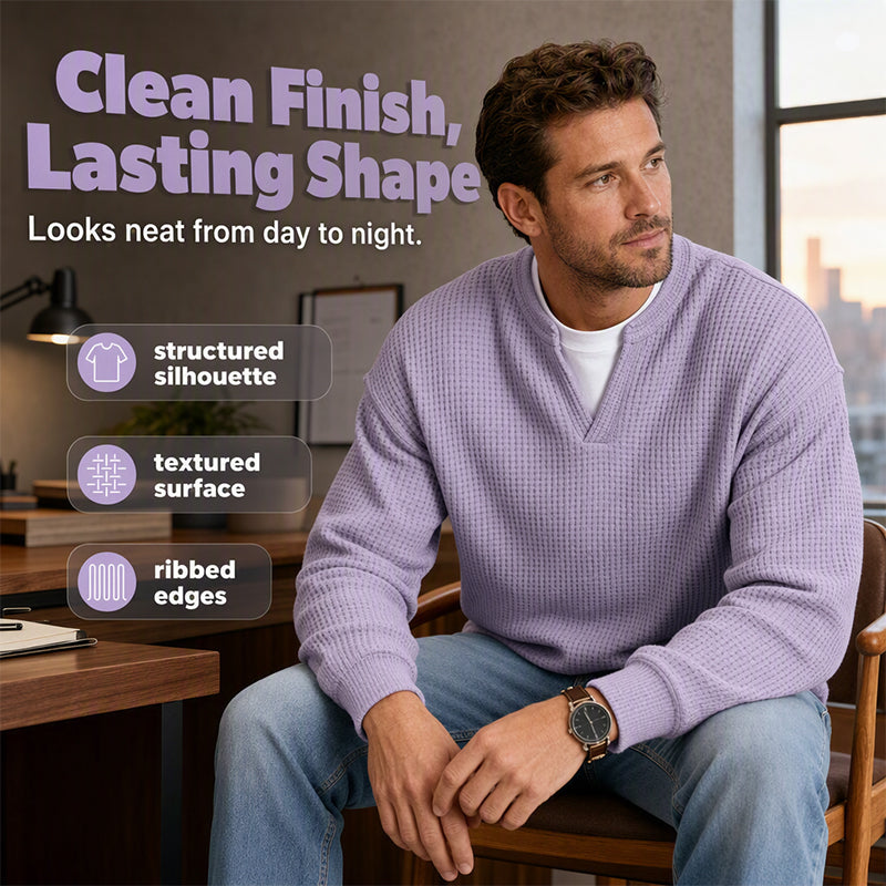 ⌛Limited-Time Offer⌛Men's Waffle-Knit Long-Sleeve V-Neck Pullover Shirt, Faux 2-Piece Street Look