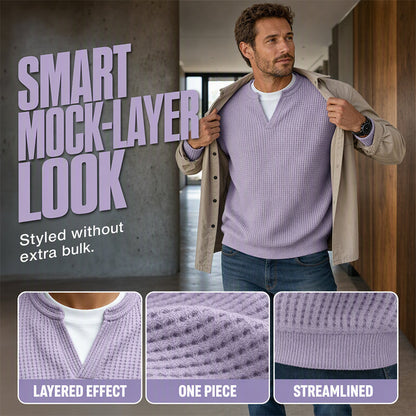 ⌛Limited-Time Offer⌛Men's Waffle-Knit Long-Sleeve V-Neck Pullover Shirt, Faux 2-Piece Street Look