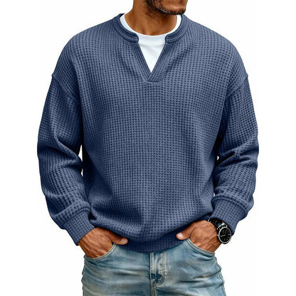 ⌛Limited-Time Offer⌛Men's Waffle-Knit Long-Sleeve V-Neck Pullover Shirt, Faux 2-Piece Street Look