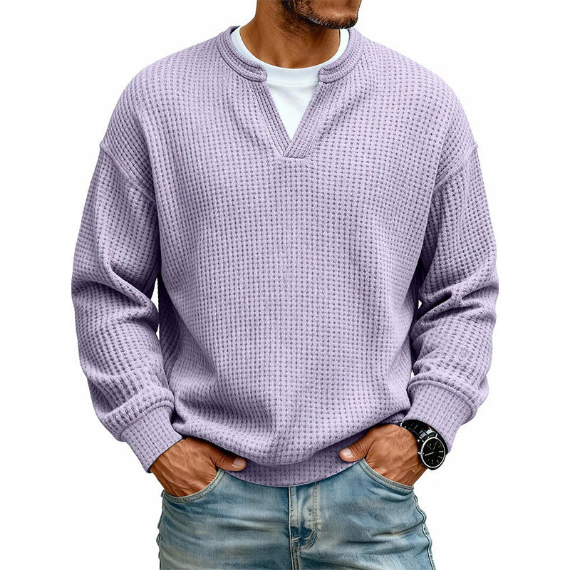 ⌛Limited-Time Offer⌛Men's Waffle-Knit Long-Sleeve V-Neck Pullover Shirt, Faux 2-Piece Street Look