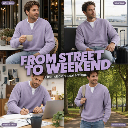 ⌛Limited-Time Offer⌛Men's Waffle-Knit Long-Sleeve V-Neck Pullover Shirt, Faux 2-Piece Street Look